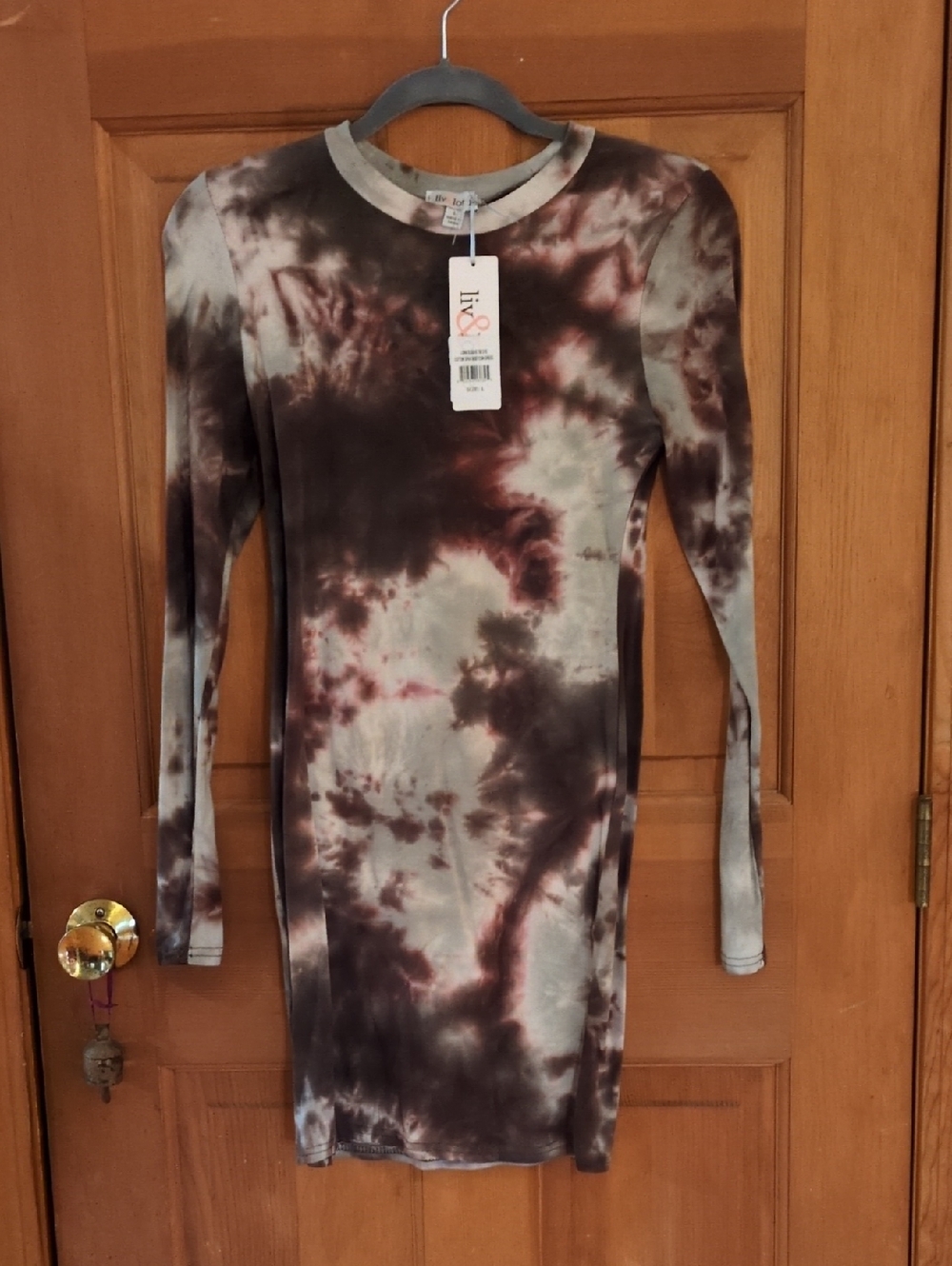 Liv & Lottie Tie-Dye Long Sleeve Bodycon Dress Olive Green Wine Size Large